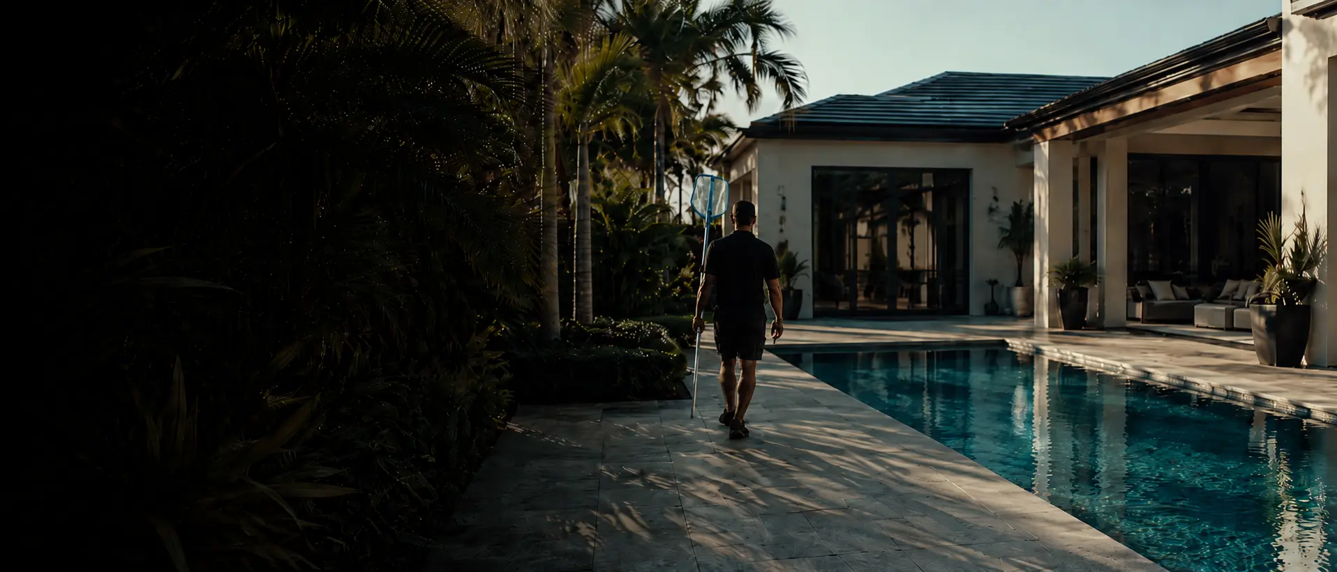 A Black Reef Pools technician walking poolside with a skimmer net at a Naples, Florida residence