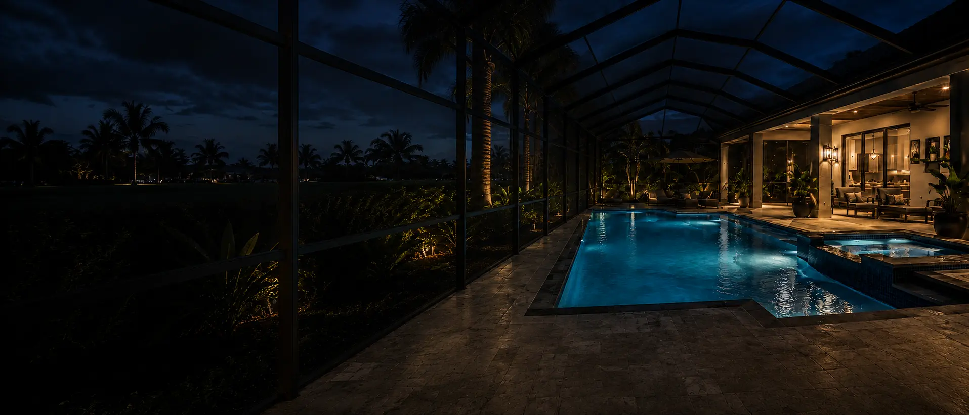 A screened lanai and pool glowing turquoise at dusk, with a warmly lit living space beyond
