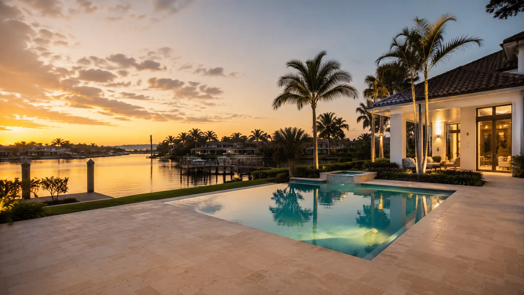 A Naples, Florida waterfront pool and residence at sunset