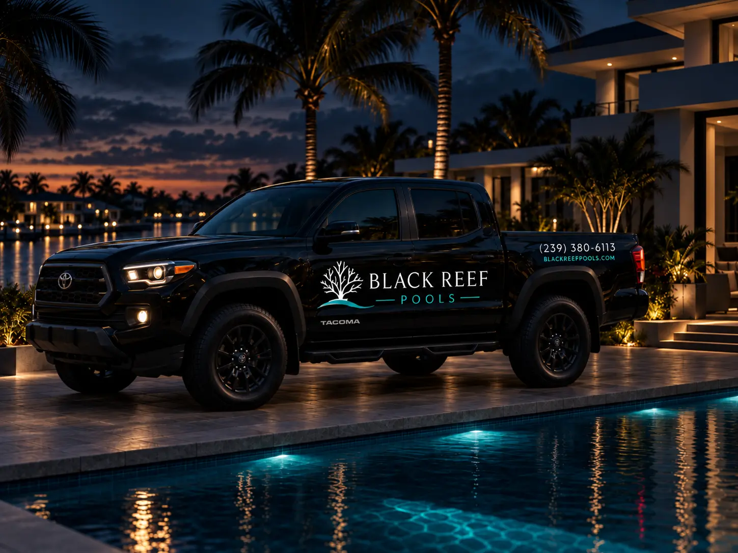 Black Reef Pools service truck parked beside a client's pool at dusk