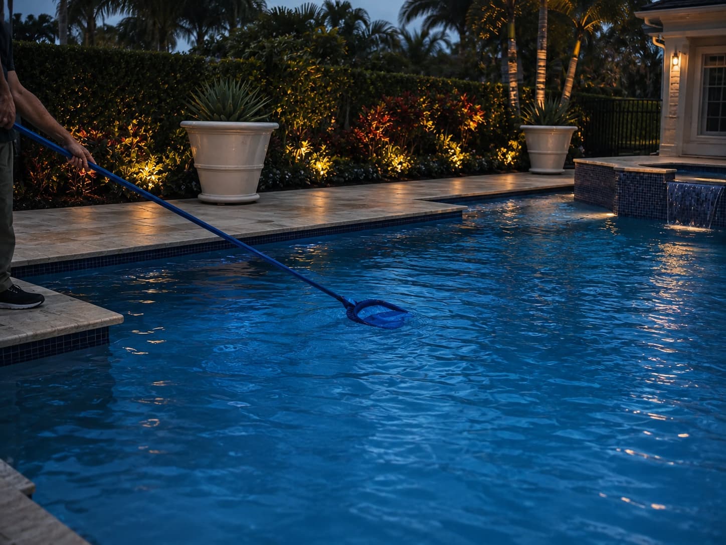 Black Reef Pools technician skimming a residential pool in Naples, FL at dusk