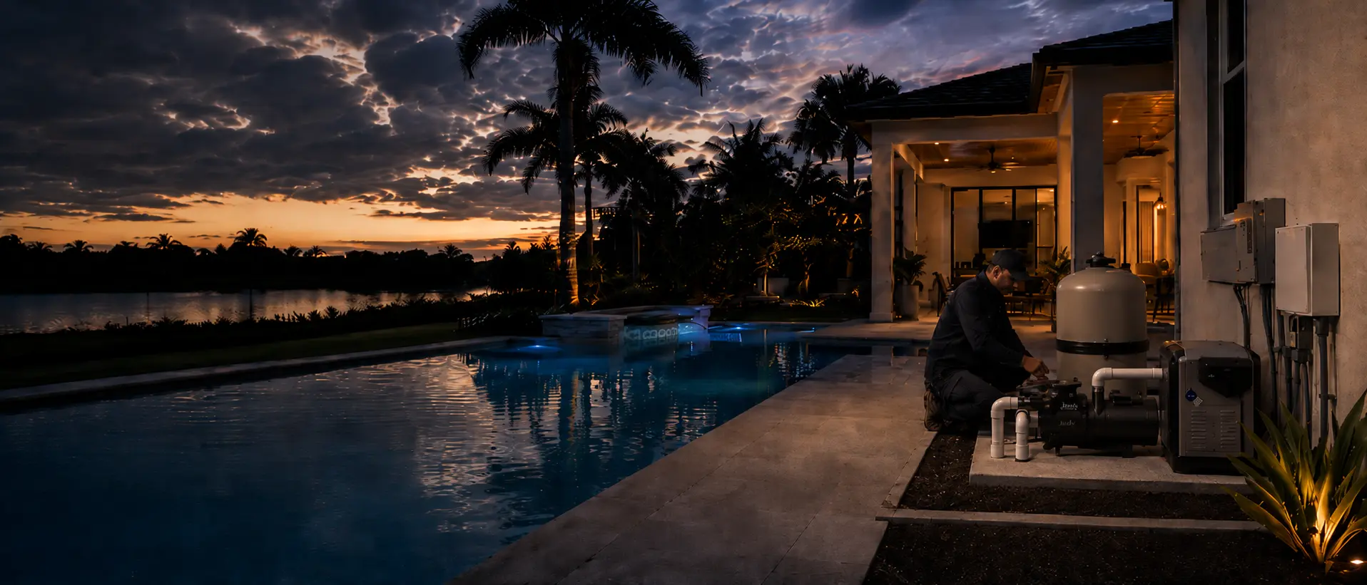 A Black Reef Pools technician repairing pool equipment at dusk beside a waterfront Naples home