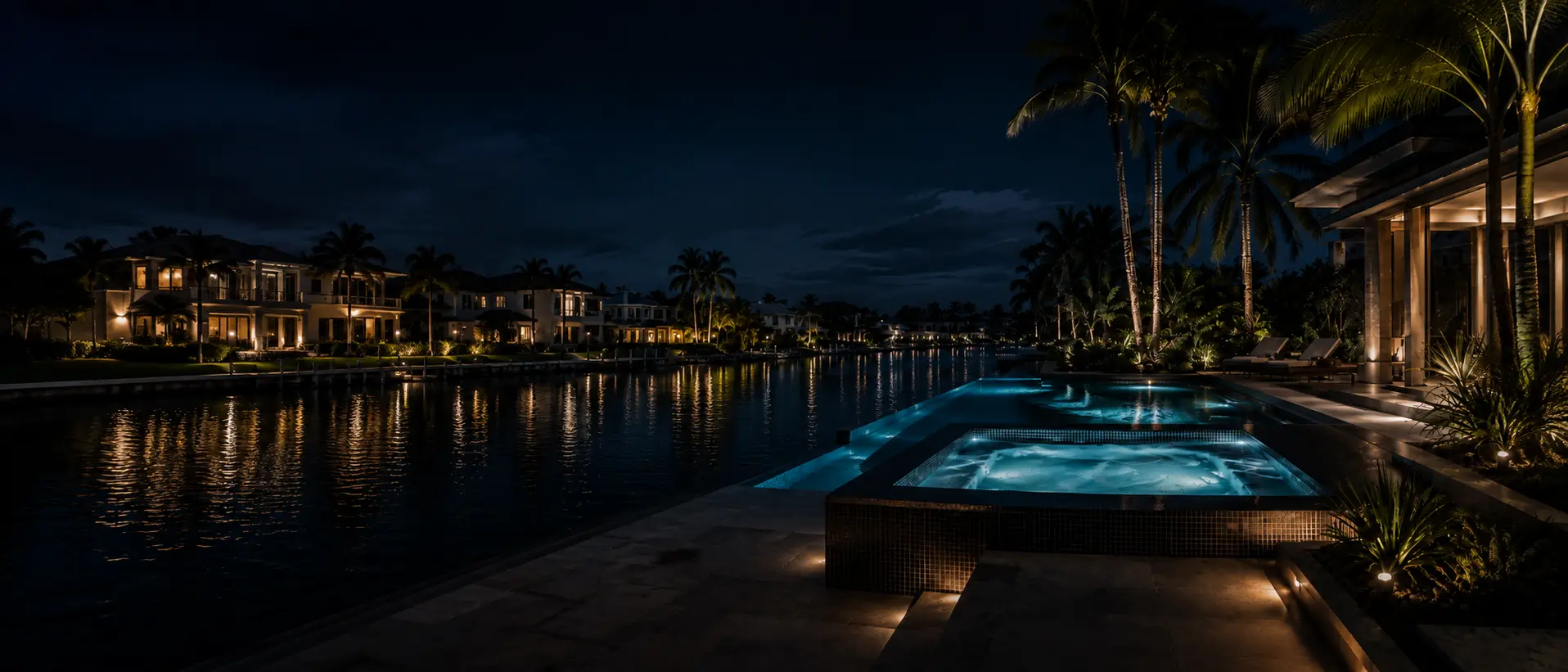 An illuminated waterfront pool and spa at night surrounded by palm trees at a Naples, Florida home