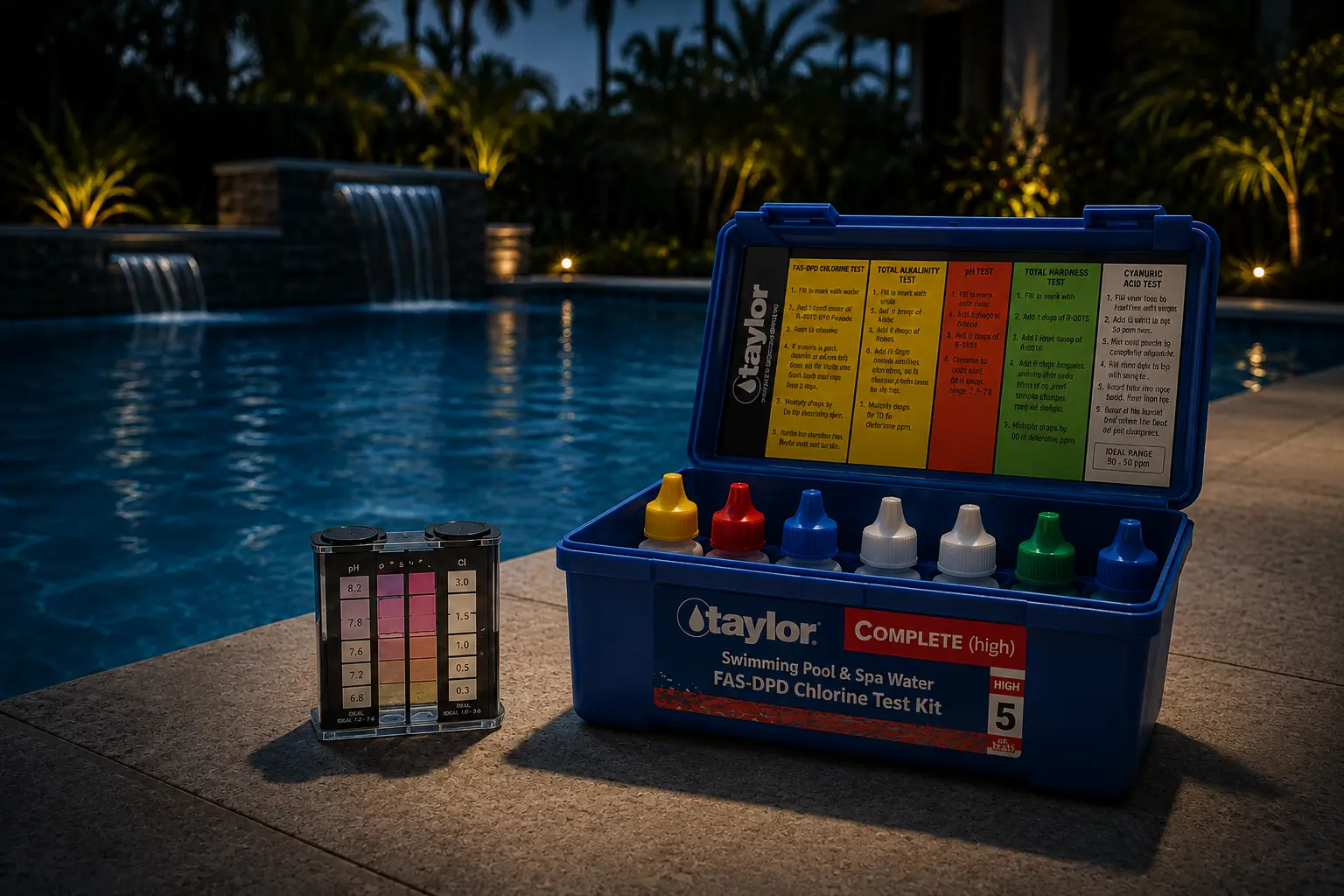 Poolside water test kit with chemistry reagents at dusk