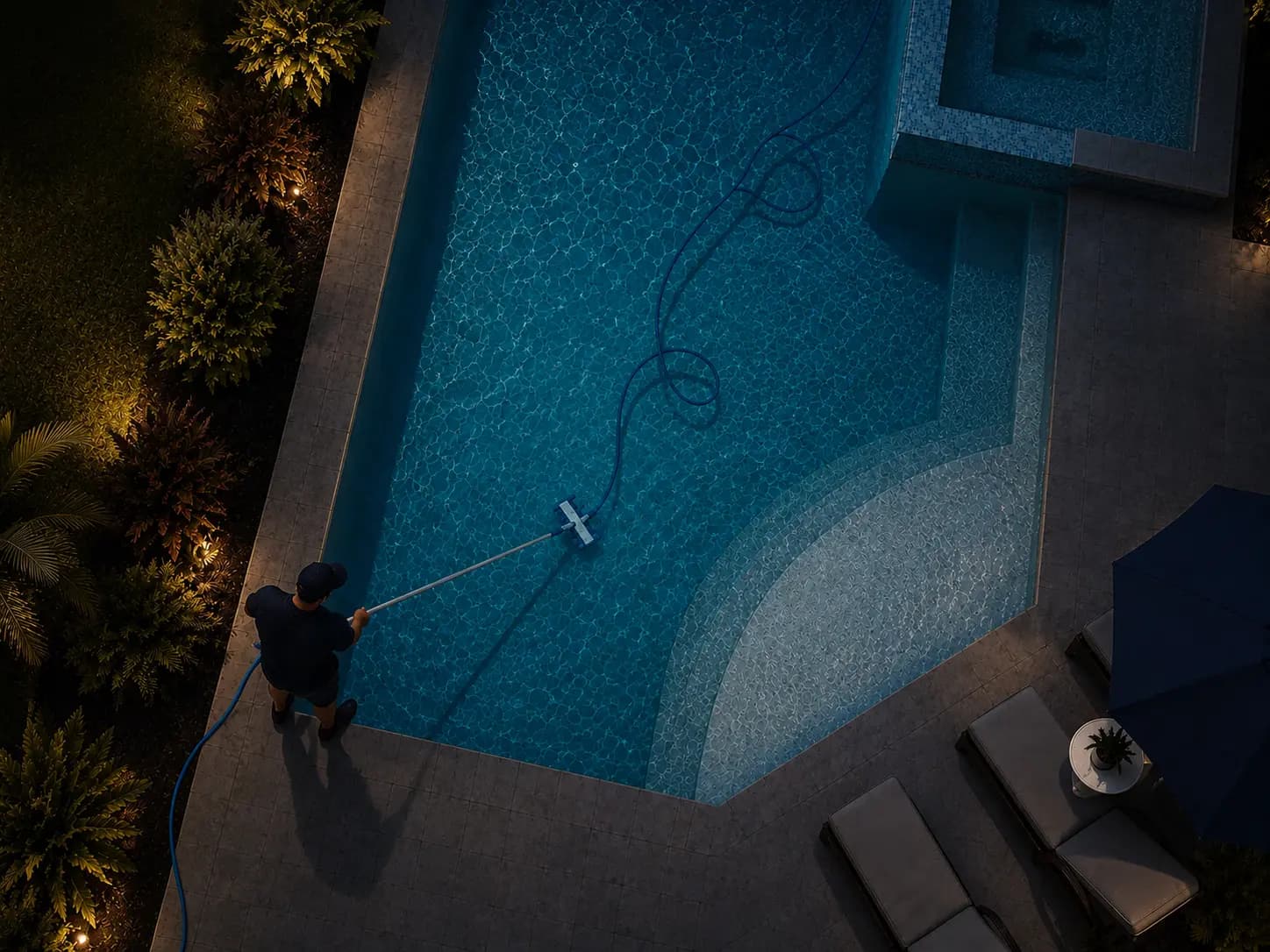 Aerial view of a Black Reef Pools technician skimming a residential pool at night