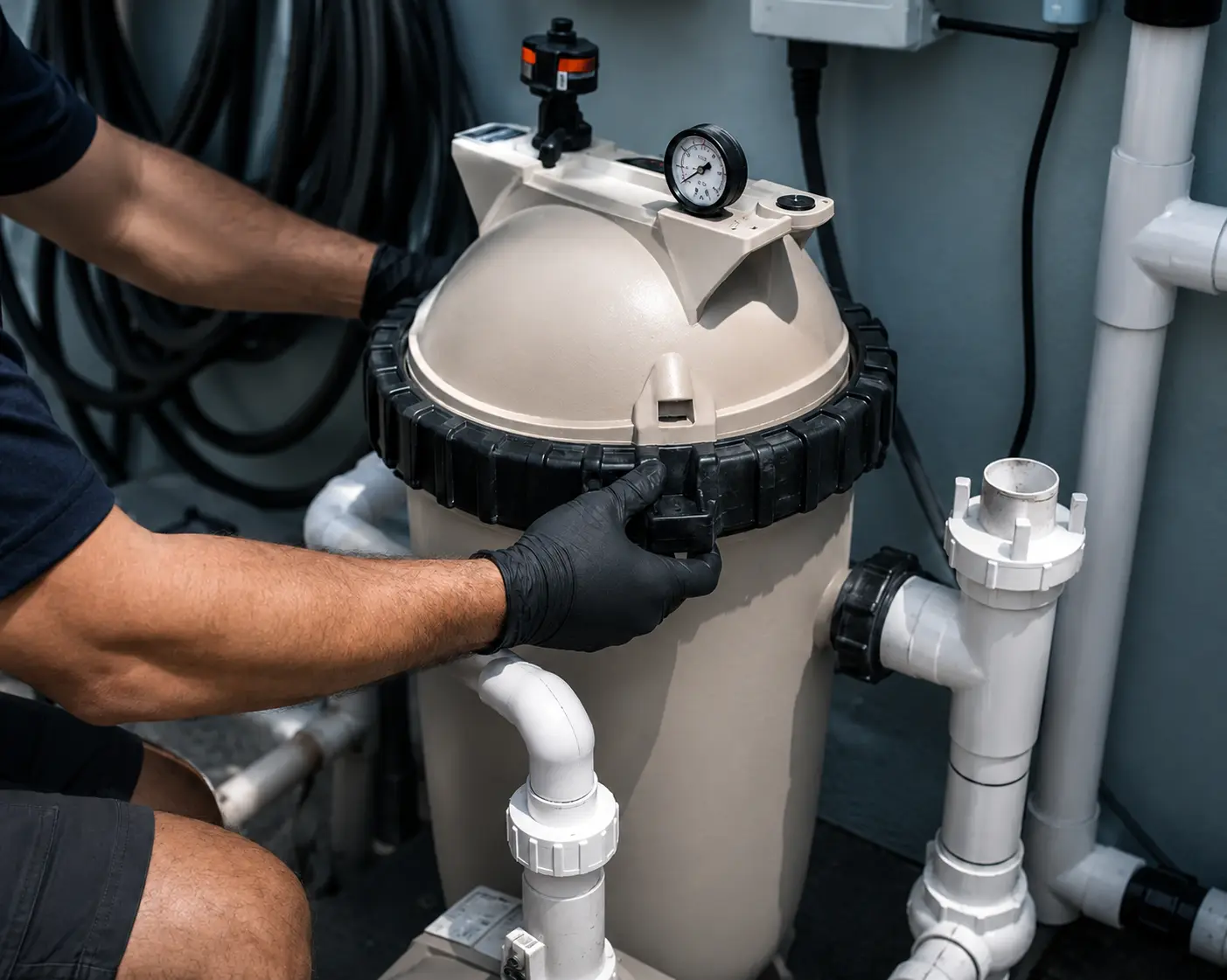 Pool filter system undergoing repair