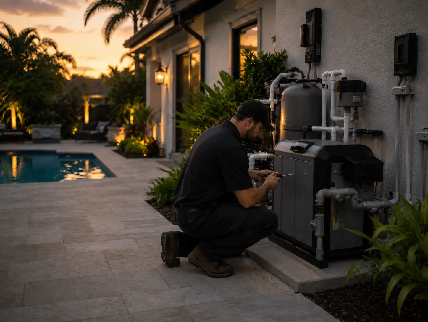 Pool heater being diagnosed by a technician