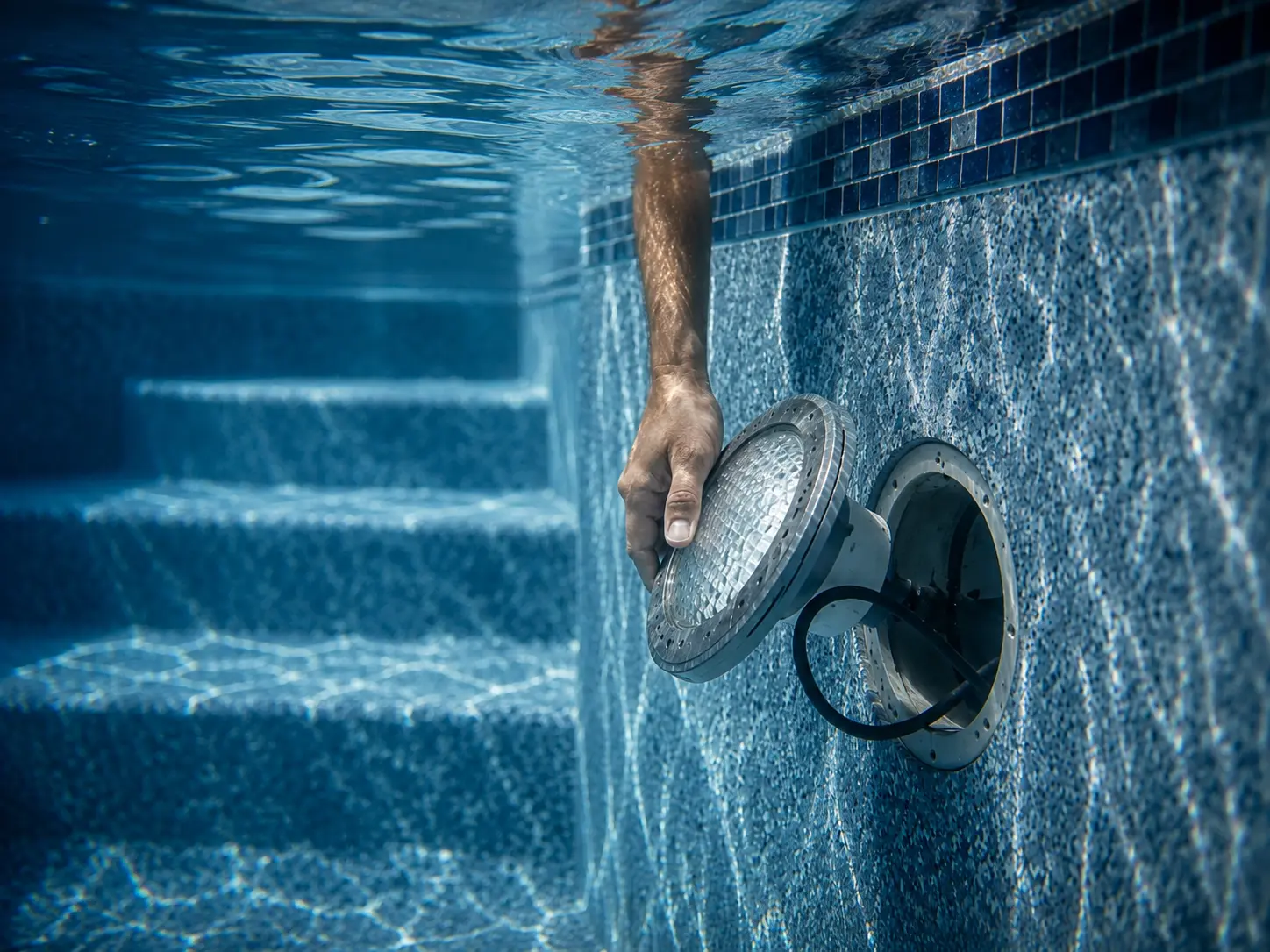 Underwater pool light fixture being serviced
