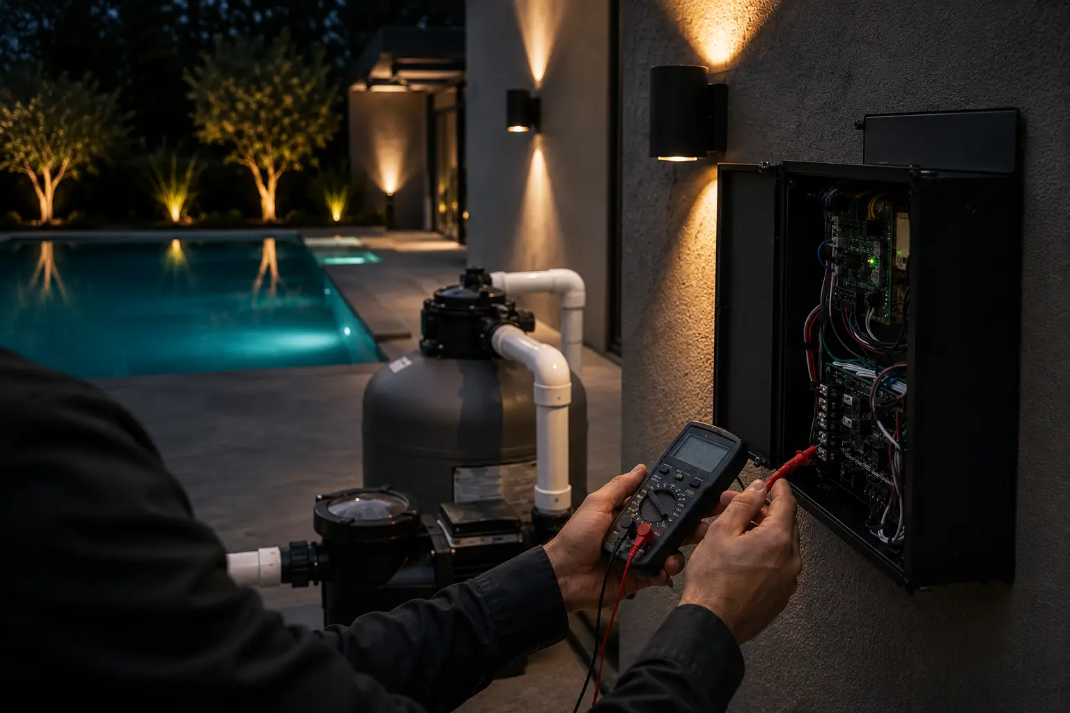 A technician using a multimeter to diagnose an automation control panel beside a pool pump and filter at night