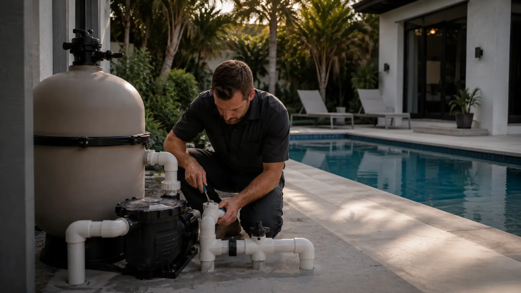 Pool equipment pad plumbing, valves, and fittings