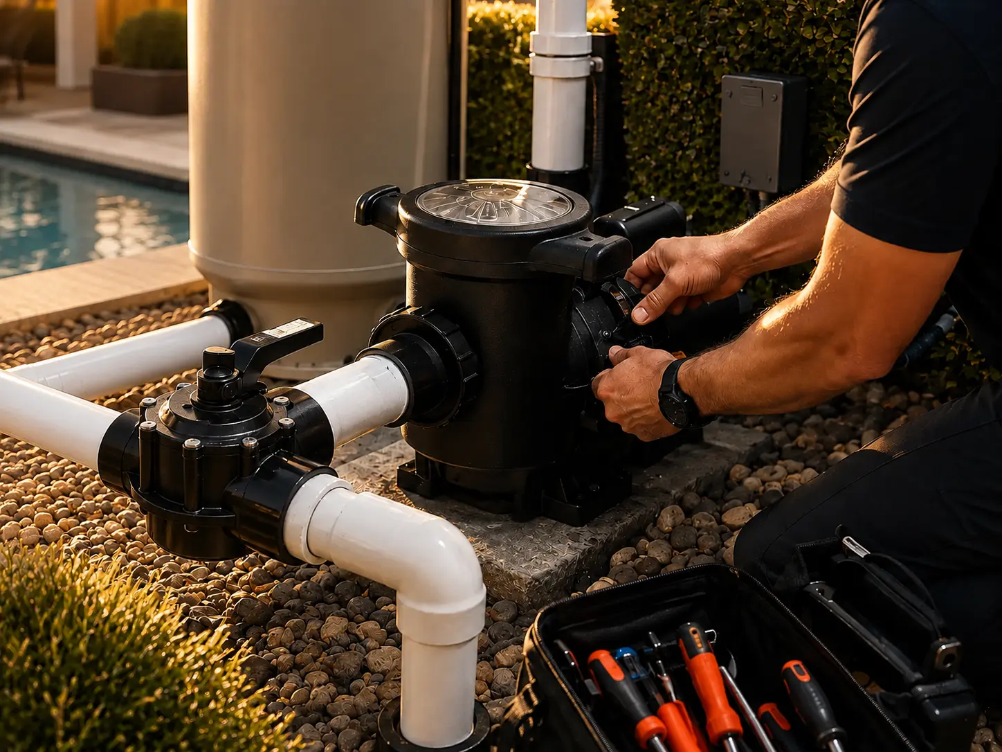 Variable-speed pool pump being inspected