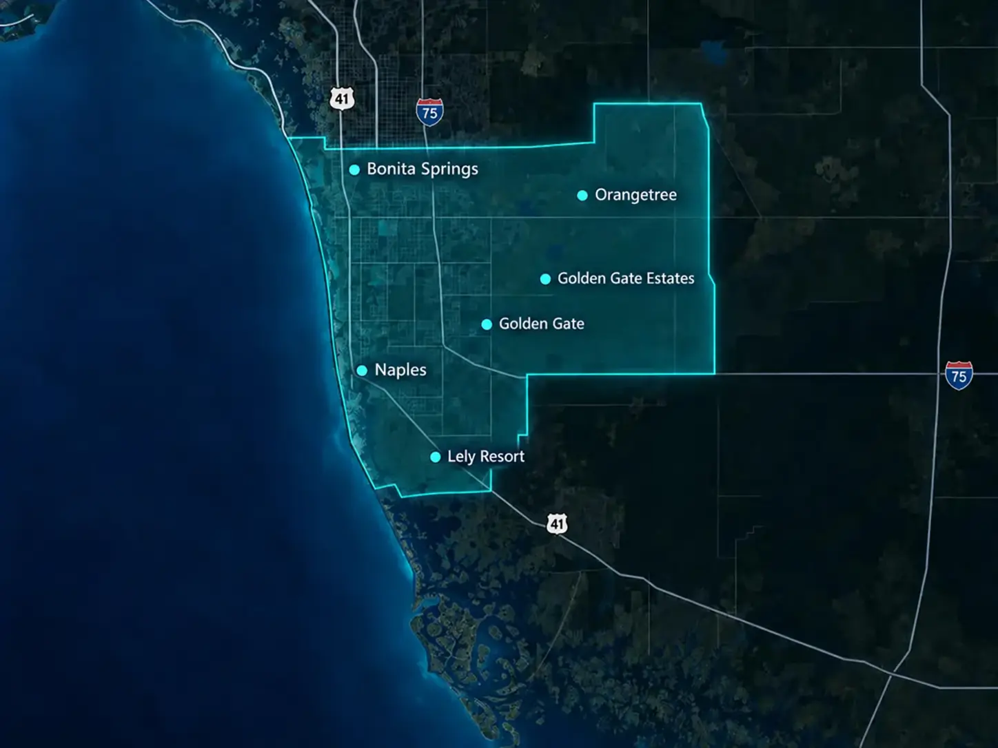 Map of Black Reef Pools' Collier County service area, highlighting Naples, Golden Gate, Golden Gate Estates, South Bonita Springs, Lely Resort, and Orangetree