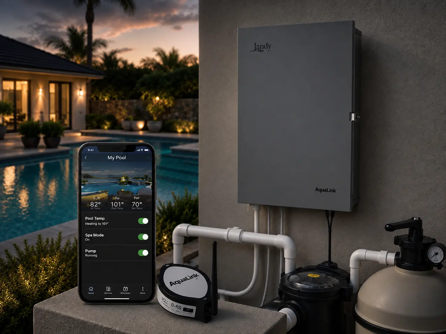 A Jandy AquaLink automation panel beside a mobile phone displaying pool temperature and pump controls