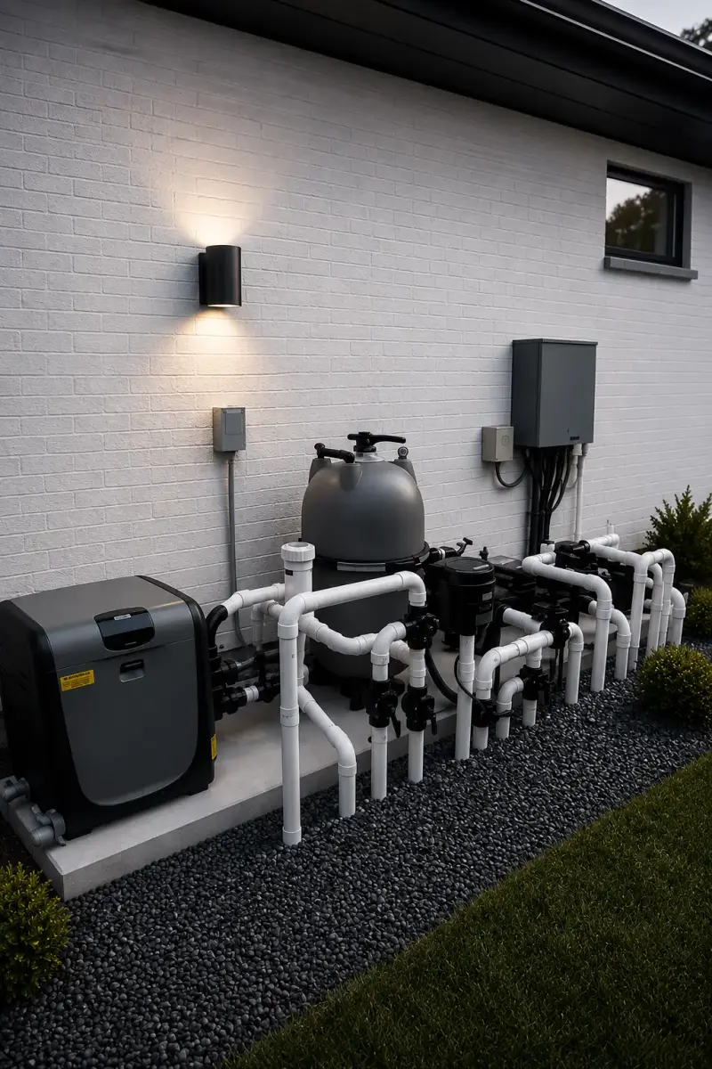 A fully organized residential pool equipment pad with heat pump, filter, salt system, and automation components