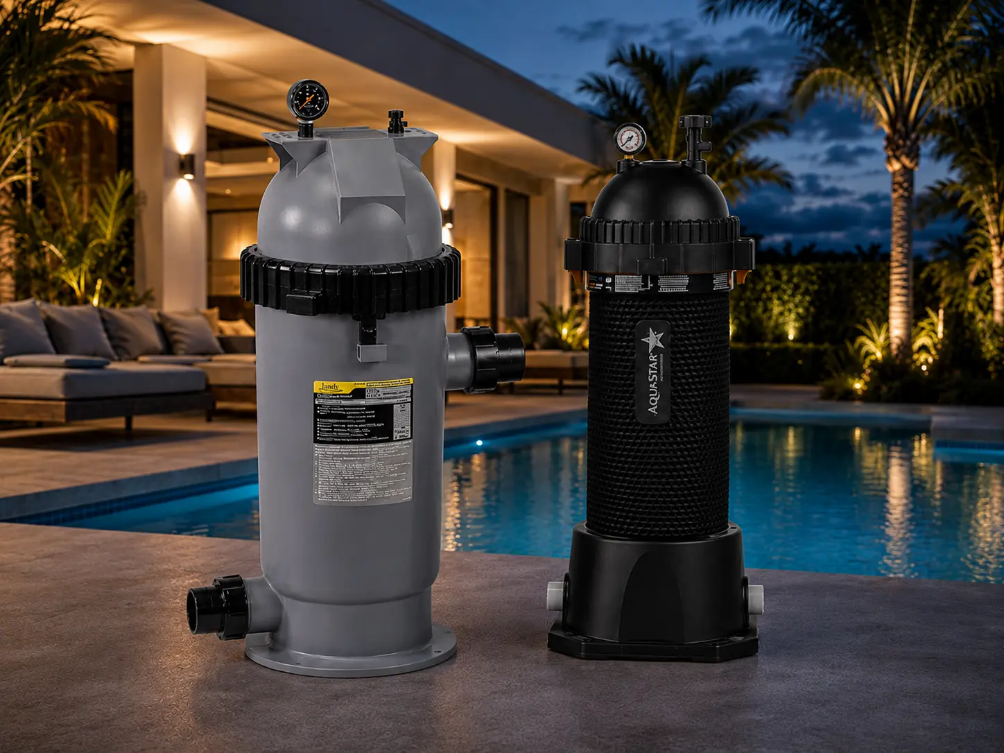 Two modern cartridge pool filters displayed poolside at a Naples, Florida home