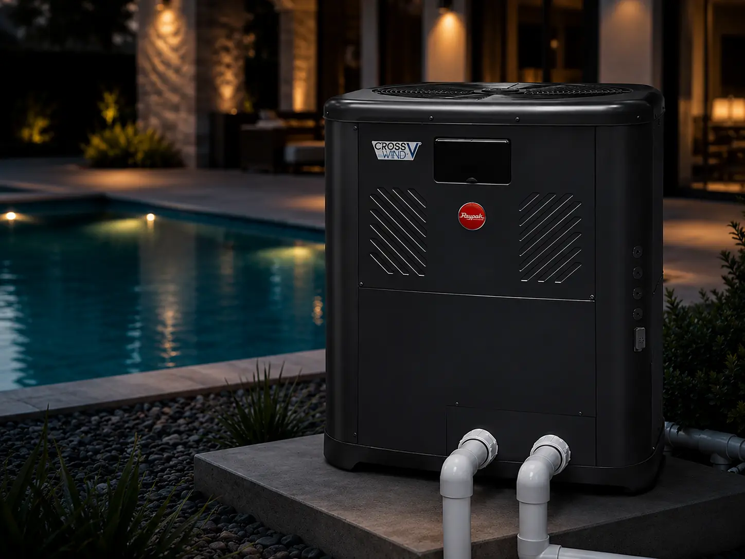 A Raypak CrossWind V pool heat pump installed on a concrete pad beside a pool at night