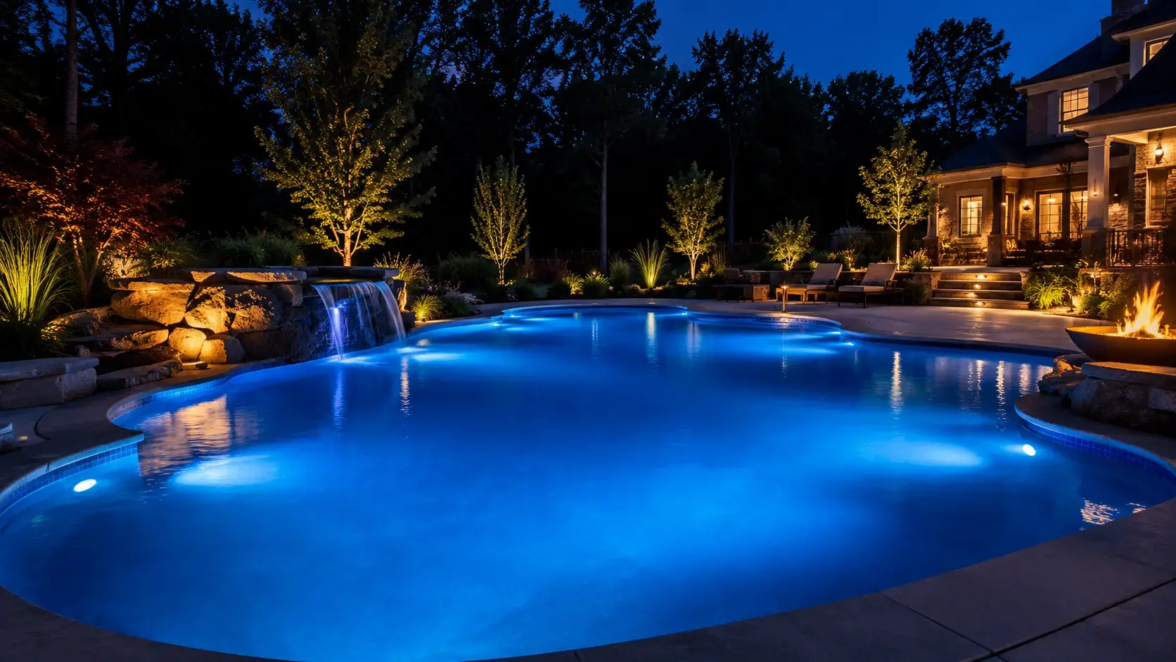 A pool illuminated with blue LED lighting beside a stone waterfall at night