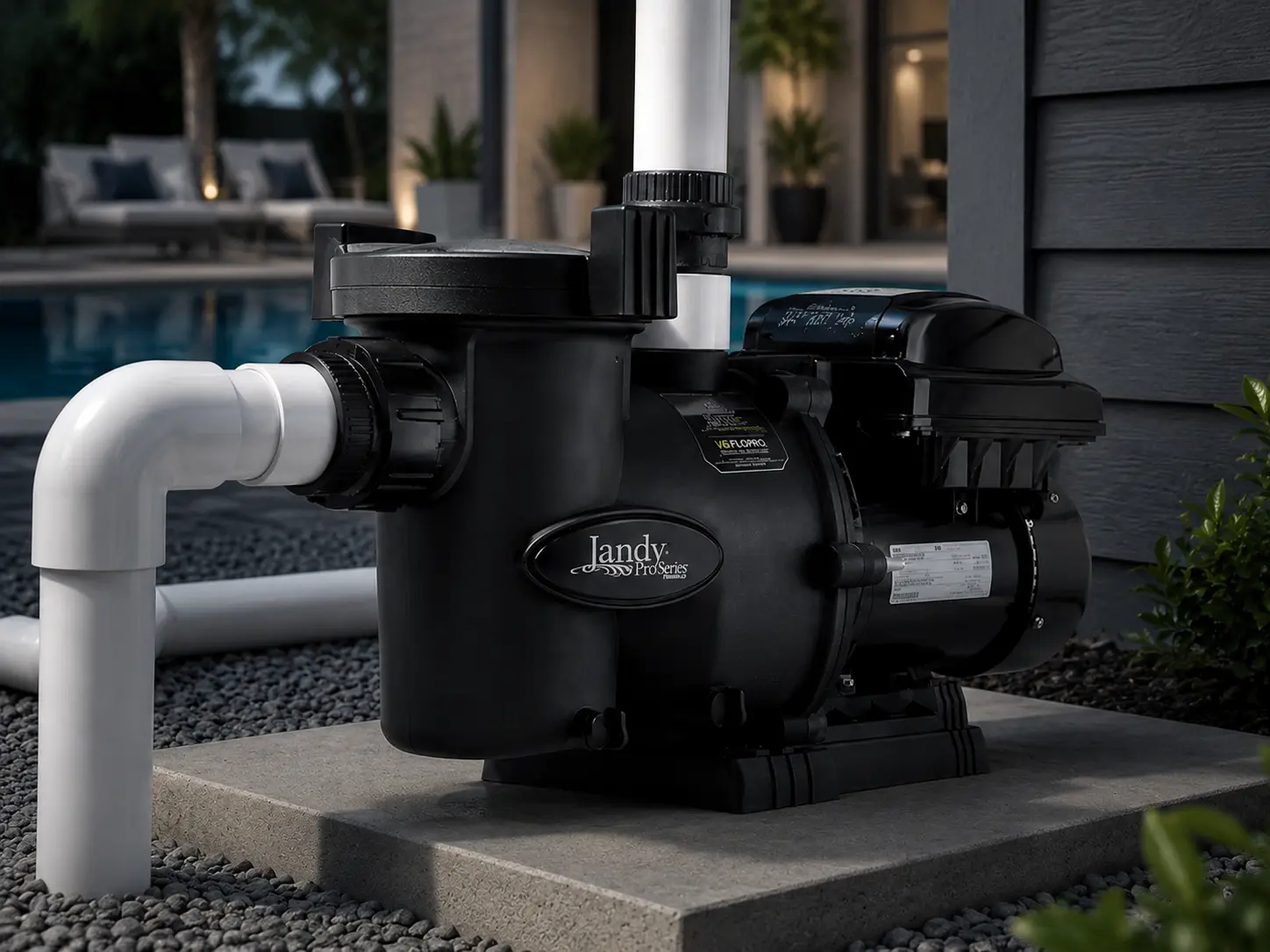 A Jandy variable-speed pool pump connected to filtration plumbing on a residential equipment pad