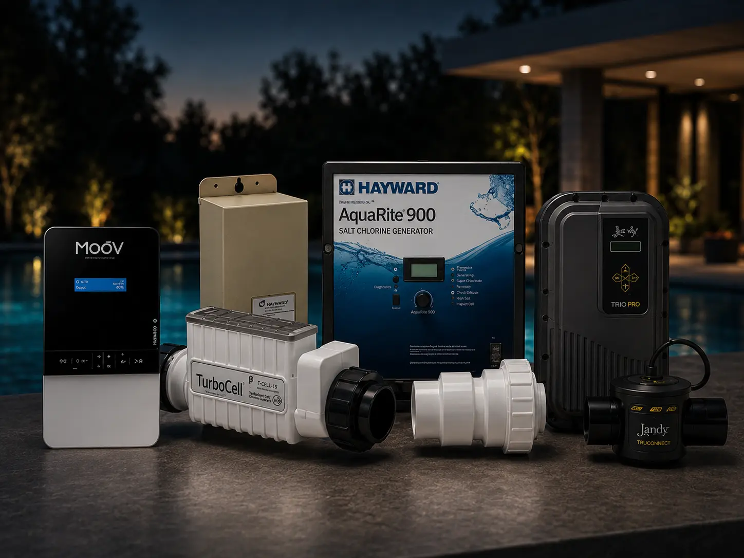 A Hayward AquaRite salt chlorine generator with TurboCell and related control components